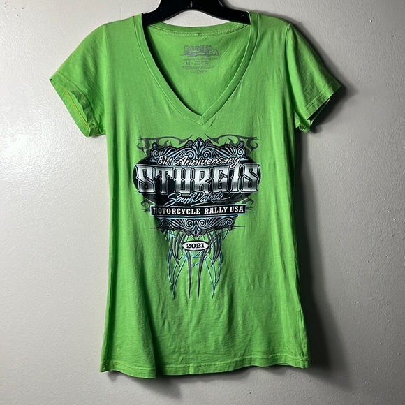 Motorcycle Rally USA Women’s Green V-Neck Graphic T-shirt Size M - Picture 1 of 7